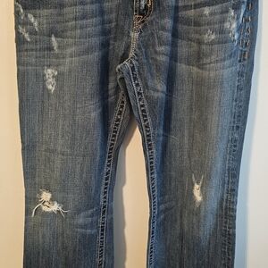 MEK Women's Distressed Blue Boot Cut Jeans, With Ditinctive Stitching & Hardware